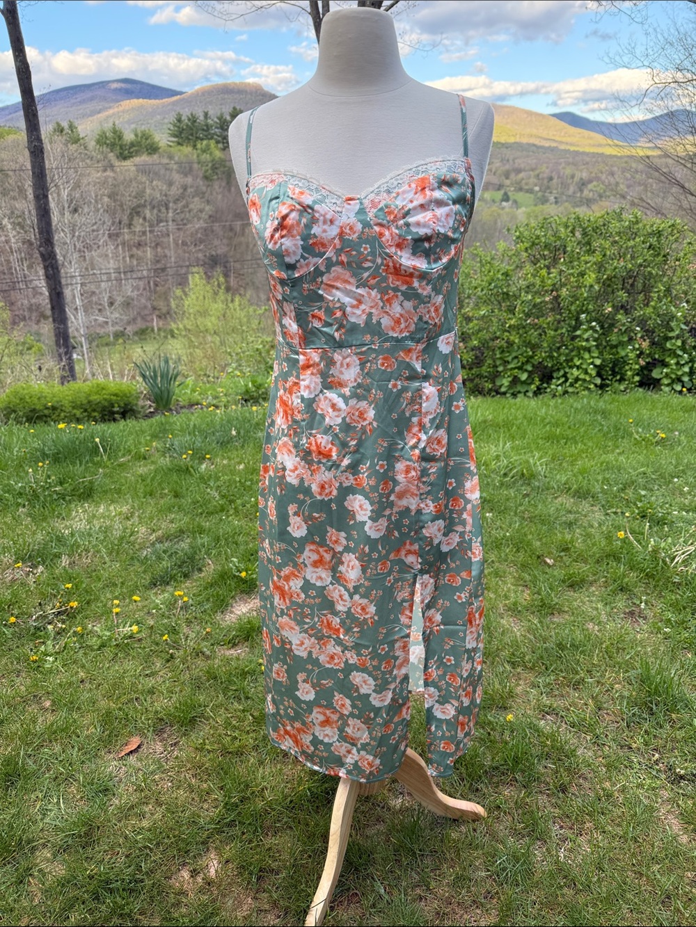Cider Green Floral Satin Slip Dress with Orange & White Flowers Medium